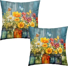 Daisy Vase Pillow Covers 18x18 Set of 2 Rustic Floral Sunflower Wood Board Decor