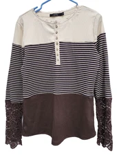 Doe & Rae Womens BOHO Henley Top Large Cream Brown Striped Long Sleeve Crochet