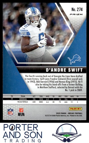 D'Andre Swift Prizm Camo Pink 2020 Panini Mosaic #274 Lions Football Card - Picture 2 of 2
