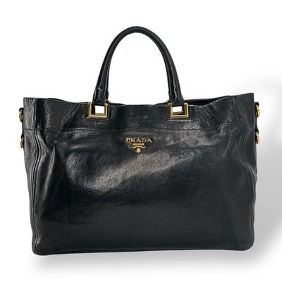 PRADA Black Leather Tote Bag Gold Logo Large A4 Handbag Ladies Japan F/S USED