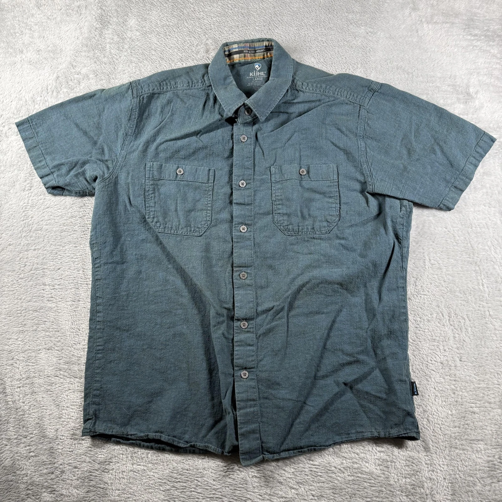Kuhl Shirt Mens Large Blue Linen Blend Outdoor Hiking Camp Trail Performance