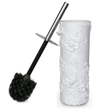 White Floral Branches Design Resin Toilet Bowl Brush and Holder Set, Elegant ...