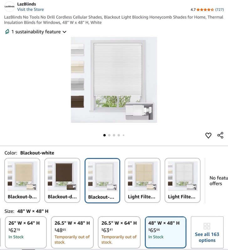 LazBlinds Cordless Blackout Cellular Honeycomb Shades 48x48" White No Drill