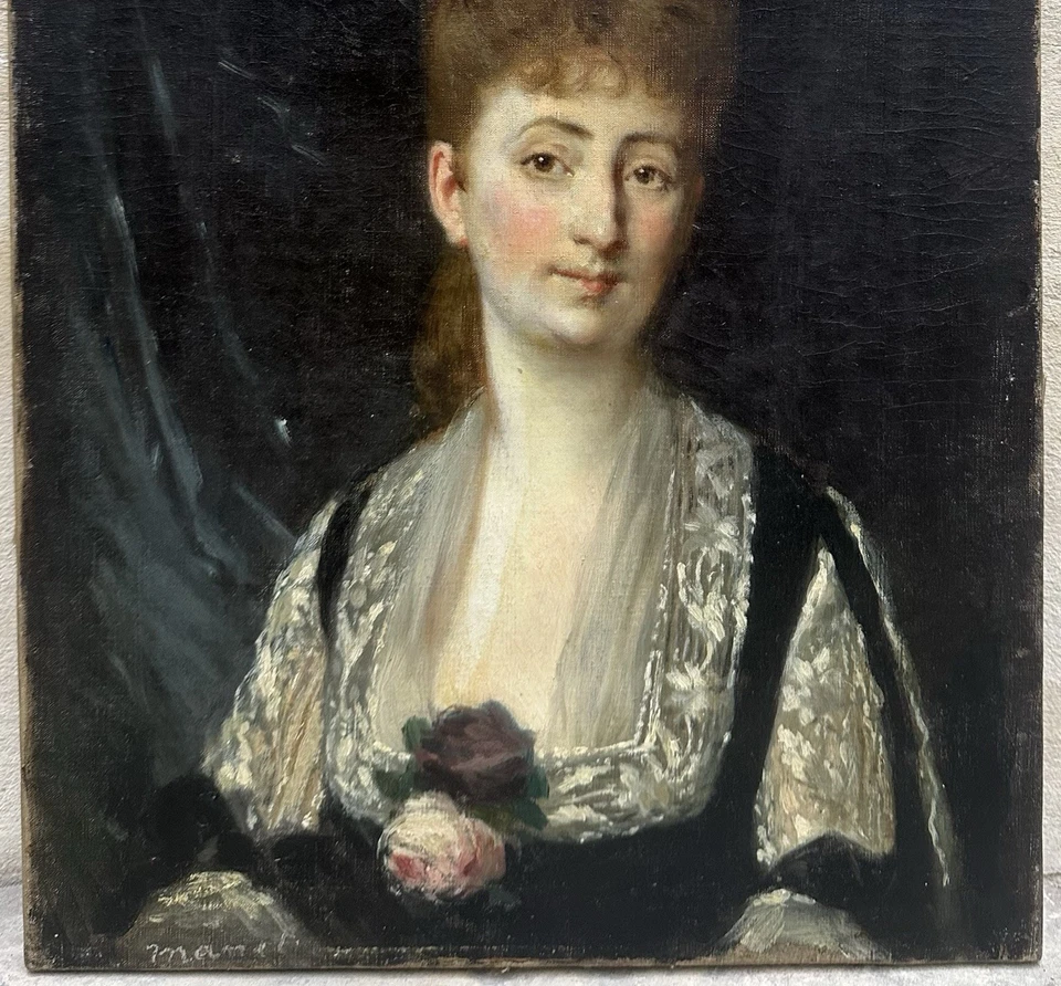Tableau Ancien Signé « MANET » Portrait Femme Fleur Rose Édouard Peinture 19ème - Photo 4/4