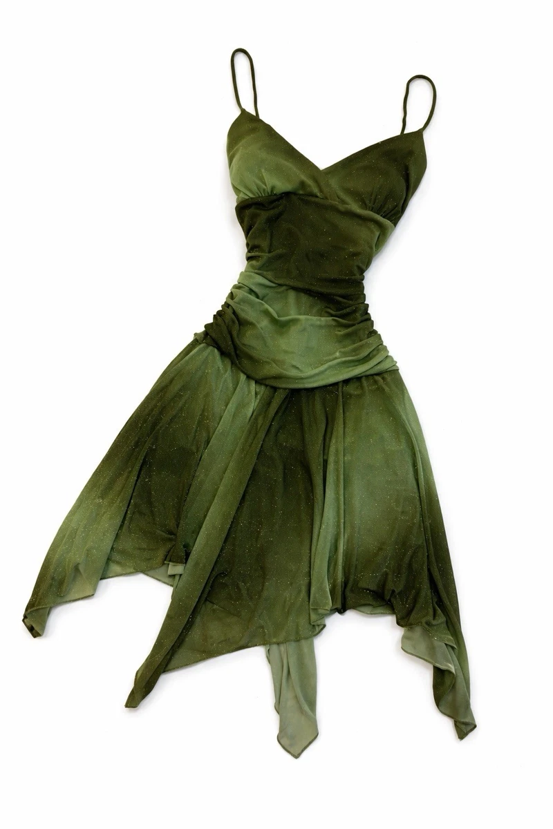 Taboo Green Glitter Ruched Layered Chiffon Fairy Dress V-Neck Strappy  Sleeveless | eBay