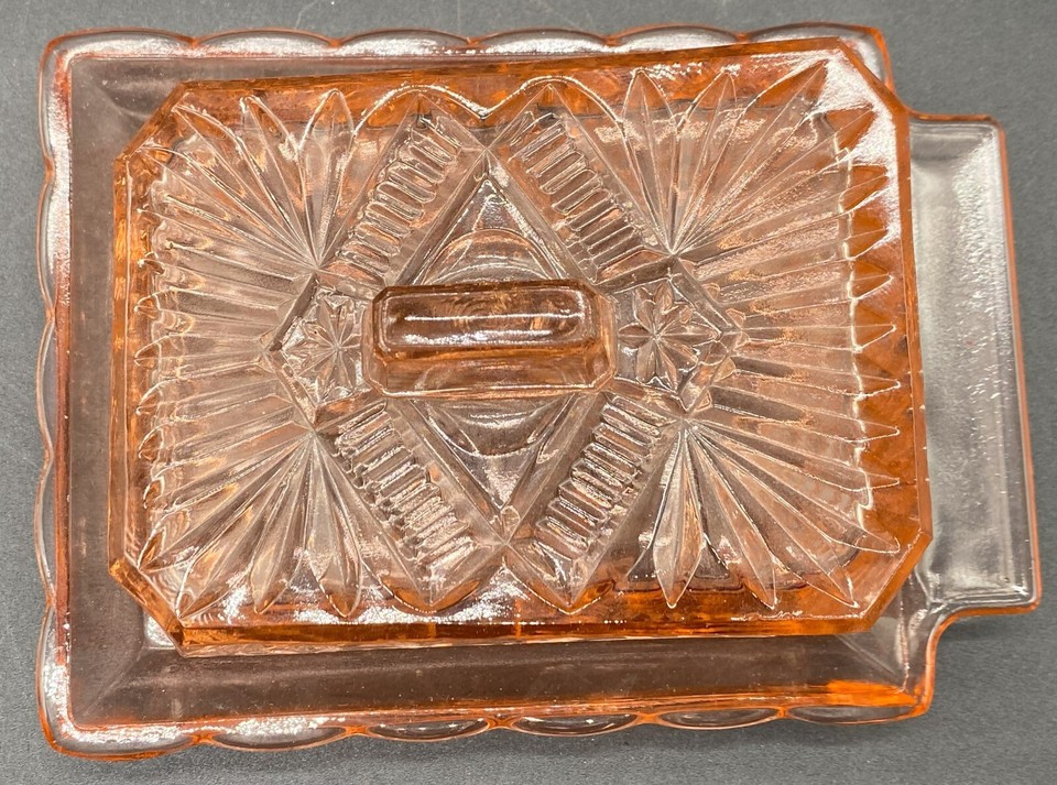 PINK GLASS BUTTER/CHEESE COVERED DISH 7.5" X 5.5" X 3" TALL, UNBRANDED