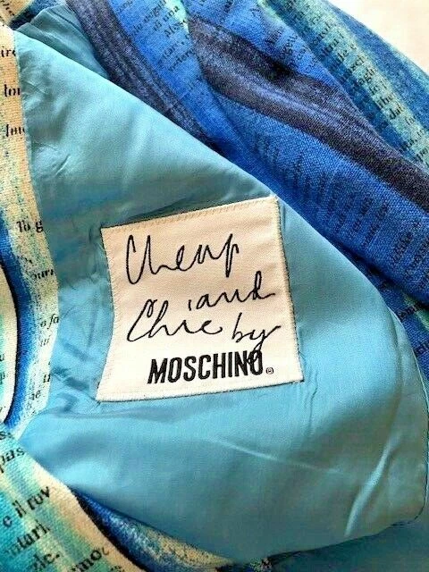 Giacca Moschino Blu Righe Testo Scrittura Nuvola Chiara Cupola Bottoni USA Taglia 10 IT44