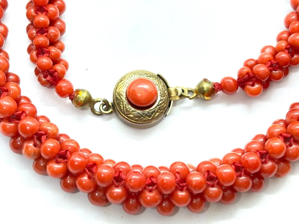 Antique Art Deco Red Coral Beaded Necklace With 800 Silver Gilt Push Clasp 16” - Image 3 of 4