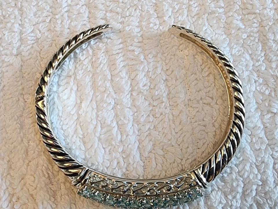 BLUE DIAMONIQUE CZ STAINLESS STEEL HINGED CUFF BRACELET - Image 3 of 4