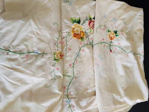 VTG TABLECLOTH OVAL HAND EMBROIDERED CROSS STITCH ROSES LACE 66x94” SCALLOPED - Picture 18 of 18