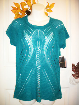 FEVER Size M Mixed Stitch Knit Top ''Deep Sea'' Teal Short Sleeve NWT