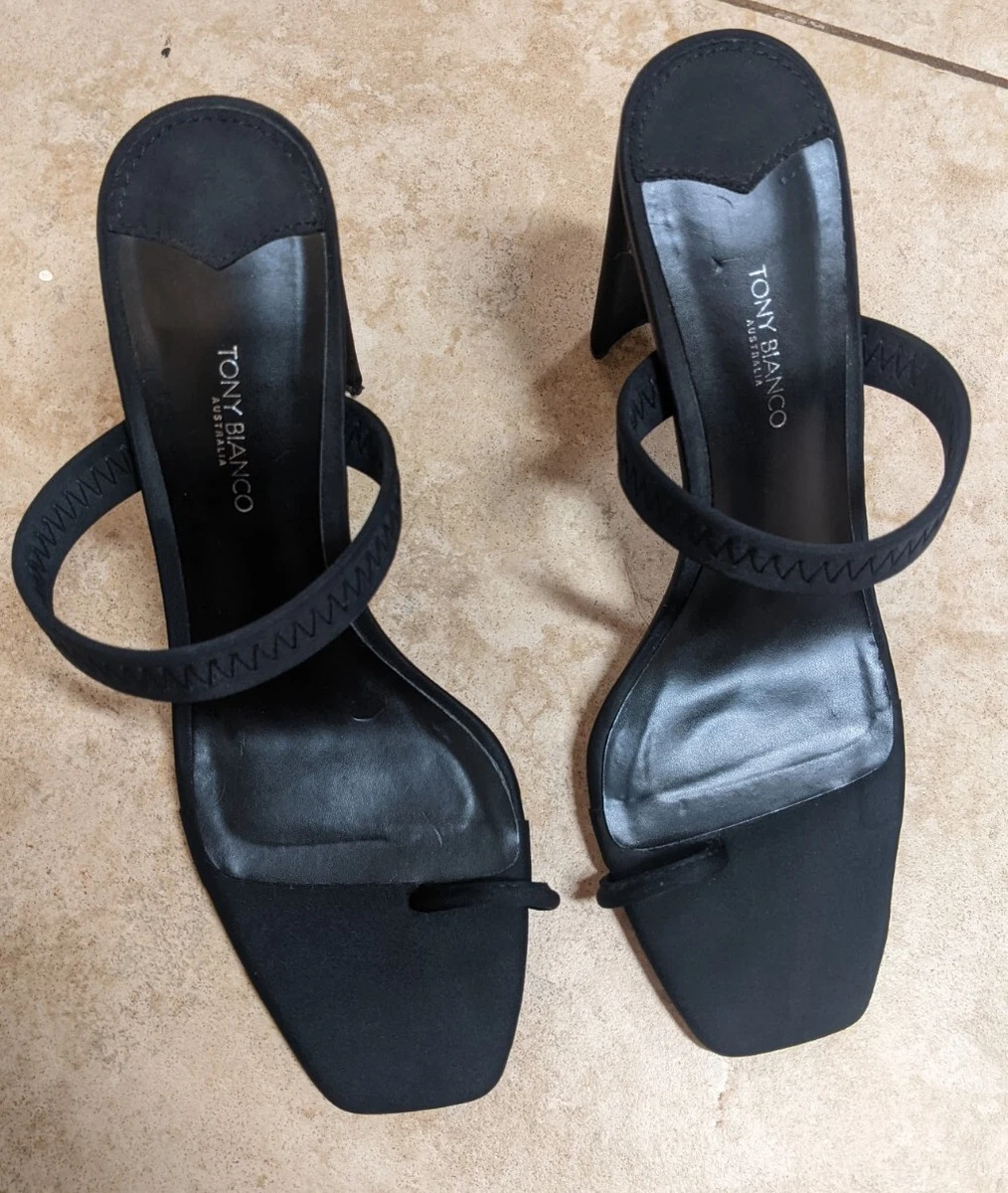 Tony Bianco Sierra Mule Heeled Sandal Black Lycra Neoprene Toe Strap US 9