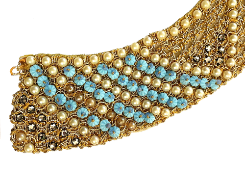 Vintage Necklace Collar Hand-Crocheted Beaded Gold Pearl Rhinestone Blue Bead - Picture 6 of 12