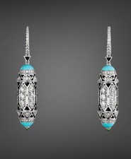 Amazing Cartier High Jewelry 18K White Gold Diamond Turquoise Enamel Earrings