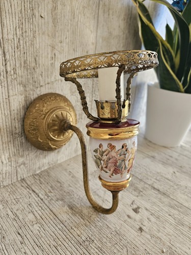 Vintage Messing & Porzellan verzierte Wandleuchte Wandleuchte Colibri griechisches Fresko