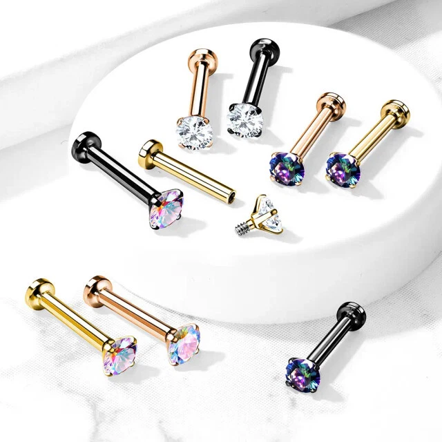 18G Flat Back Labret Nose Studs Surgical Steel Prong Set CZ Gems Jewel Piercings - Image 2 of 4