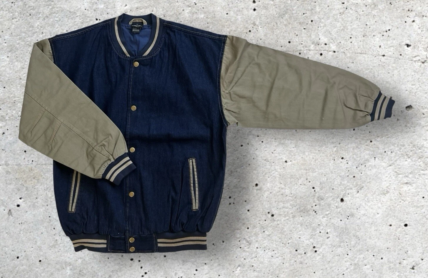 Men's Denim Baseball Jacket - Dark Blue Denim / Khaki Cotton Sleeves - Size L