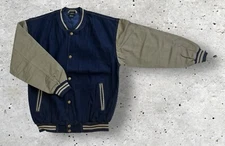 Men's Denim Baseball Jacket - Dark Blue Denim / Khaki Cotton Sleeves - Size XL