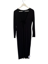 Asos Black Jersey Stretchy Midi Dress Long Sleeve V Tie Neck Size 12 14 NWT