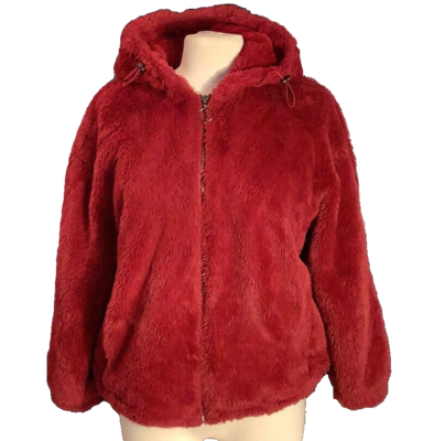 Angel Kiss Los Angeles Cranberry Red Faux Fur Hooded Teddy Bomber