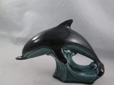 Poole England Dolphin Pottery Black Green Blue 6 1/2 Inch Shiny Glaze On Wave