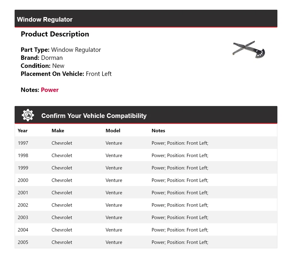For 1997-2005 Chevrolet Venture Dorman Window Regulator Front Left 1998 1999 - Image 2 of 4