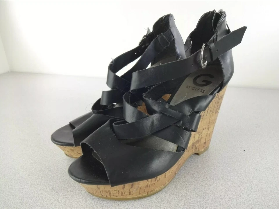 G by Guess Passage Strappy Cork Wedge Sandal Platform Heel Shoe Black Size 8.5 - Image 3 of 4