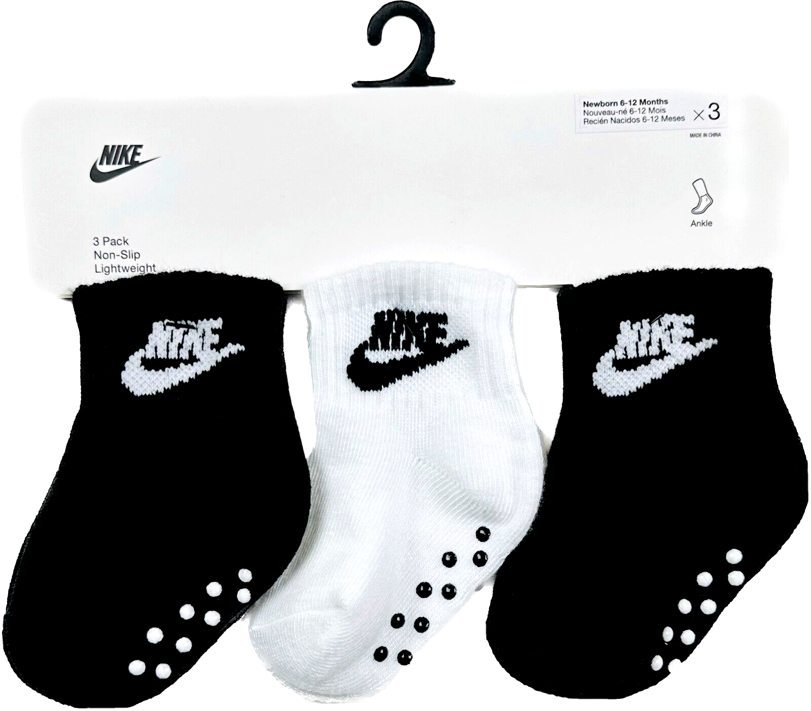 Nike Baby 3 Pk Black White Ankle Polyester Grippy Soles Logo Sock Set nike-baby-3-pk-black-white-ankle-polyester-grippy-soles-logo-sock-set