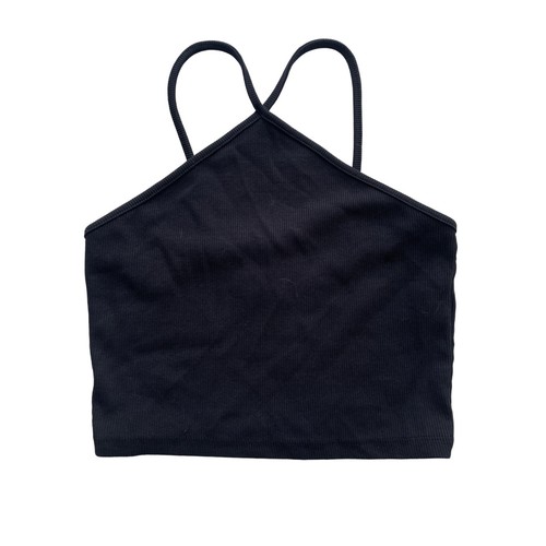 Top corto Zara para mujer grande L LG negro acanalado algodón elastano correa espagueti - Imagen 7 de 14