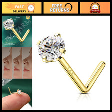 14K Solid Gold Nose Stud, Bone L Bend, 22g 20g 18g, CZ Gem, Press Fit Pin, Nose