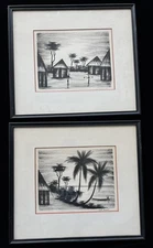 Vintage African Ink Folk Art Paintings Black & White Tropical Landscape Kenya