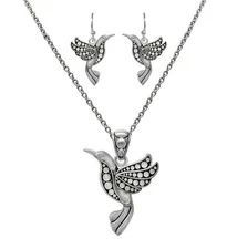 Vintage Style Hummingbird Pendant Necklace and Earrings Set