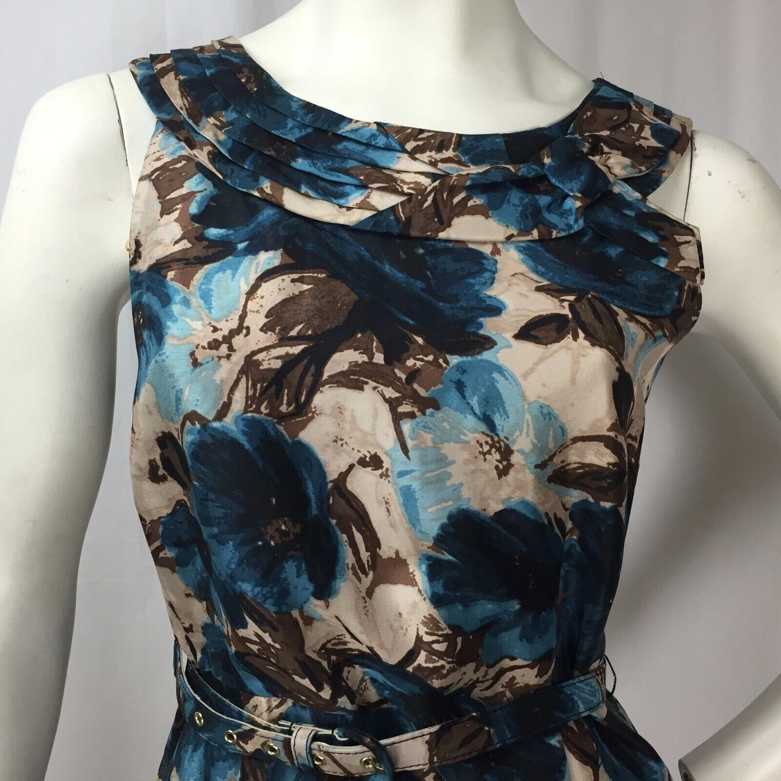 Abito Kate Spade New York blu e marrone floreale senza maniche in seta con cintura taglia 6