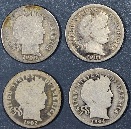 1900-S, 1901-02, 1904 10C BARBER SILVER DIMES Lot of 4 KM# 113 Circulated A6303