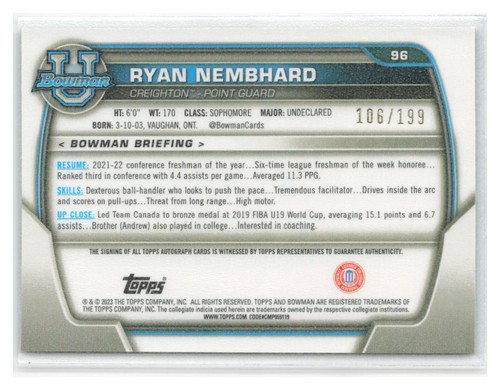 Ryan Nembhard 2022-23 Bowman Chrome 1st Auto RayWave SN #/199 #96 - Bild 2 von 2