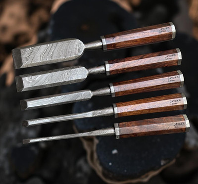 Original Damaststahl Stechbeitel Set 5tlg | Handgeschmiedete Holzbearbeitungswerkzeuge | Geschenk