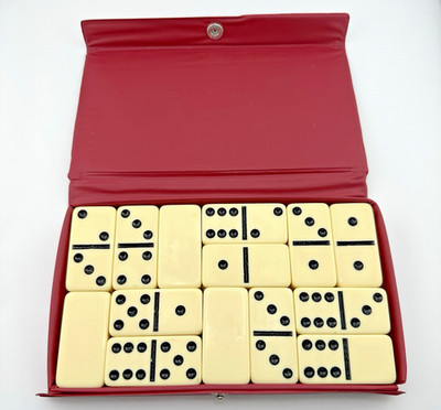 Vintage Pavilion Dominoes 28 Piece Set 1990s Red Vinyl Box Collectible Game