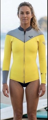 Roxy Women 2mm XY Front Zip Wetsuit Jacket Yellow Grey Surf Top