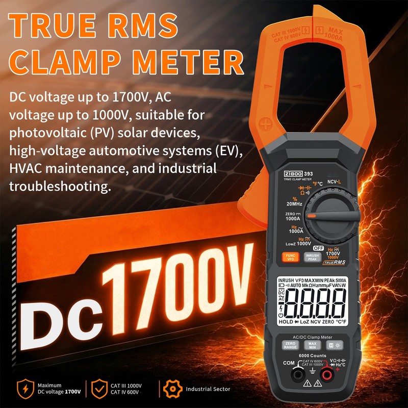 ZIBOO 393 True RMS Clamp Meter, DC 1700V Digital Multimeter