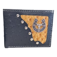 Western Bifold Wallet Men Black Western Longhorn Horseshoe Studded Ostrich New
