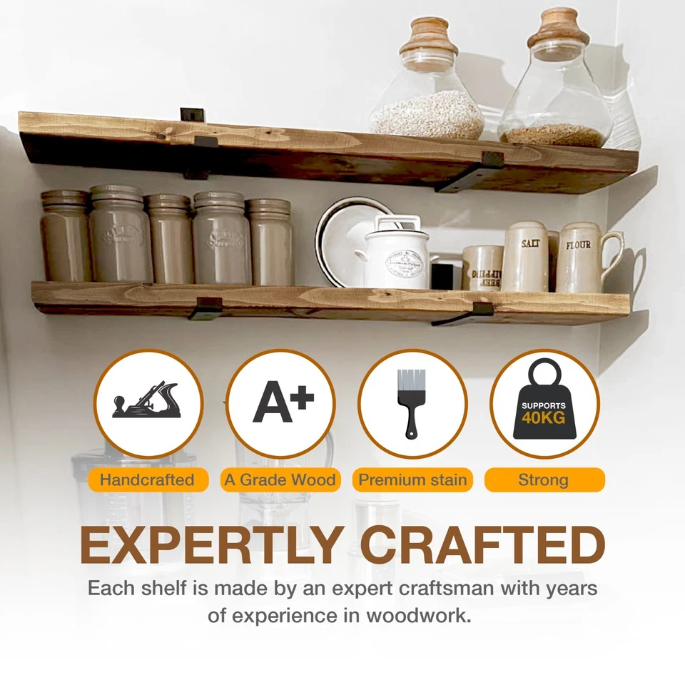 Wooden Board Wall Shelf Handcrafted Rustic Wooden Shelves Brackets Display Shelf - Image 3 of 4