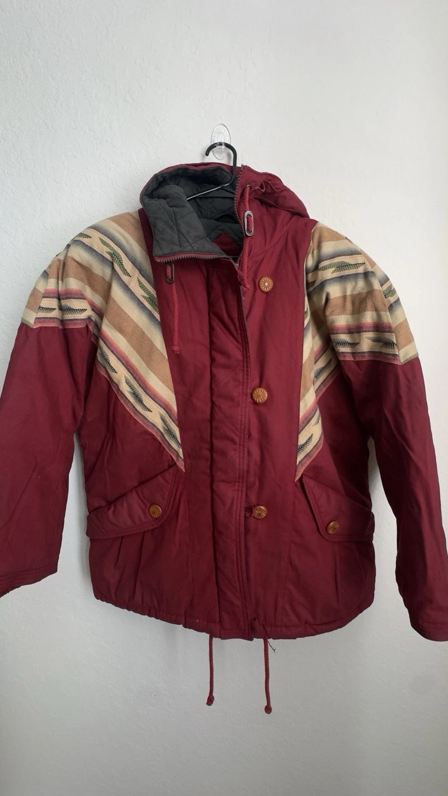 Vintage 80s Mulberry Street Aztec Parka Hood Zip Jacket Women’s M Burgundy Warm