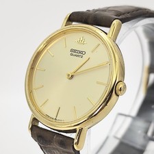 SEIKO 5Y30-600A Quartz Gold Dial 2-Hand Men's Watch Vintage Case 28mm Band Brown