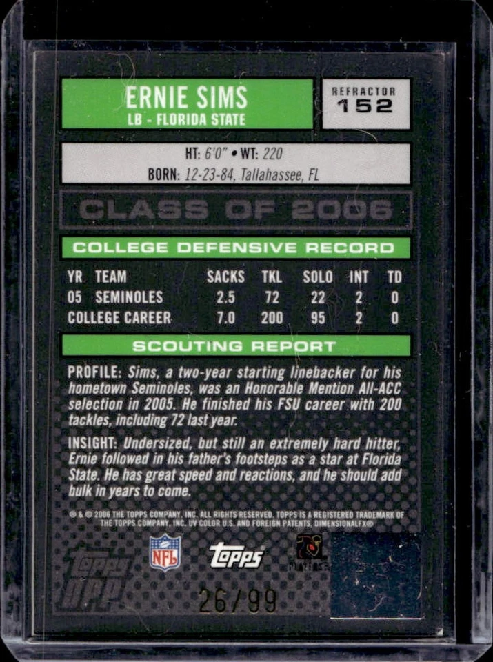 2006 Topps Draft Picks & Prospects Ernie Sims Chrome Silver Refractor RC #26/99 - Image 2 of 2