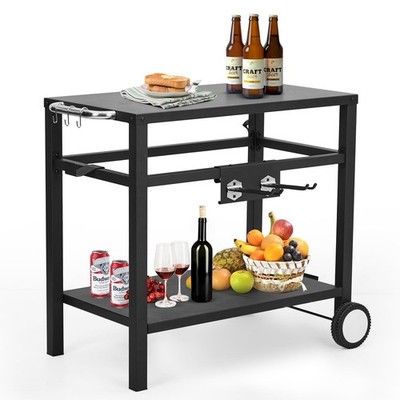 Grill Cart, Pizza Oven Stand, BBQ Prep Table with Wheels & Hooks, Side Handle...