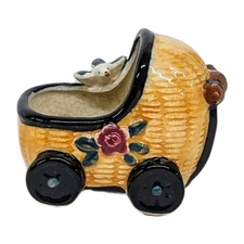 Vintage Wicker Baby Buggy Stroller Small Planter Handpainated - Japan
