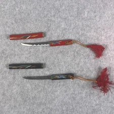 2 Vintage Miniature Japanese Katana Tanto Letter Openers Red & Black Lacquer