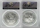 2023-P  Morgan & Peace Dollar 2 Coin Set, David Hall Signed, FDOI, PCGS MS70