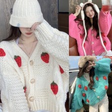 Cardigan Maglione Da Donna Cappotto Top Fragola Loose Carino Con Bottone Rosa