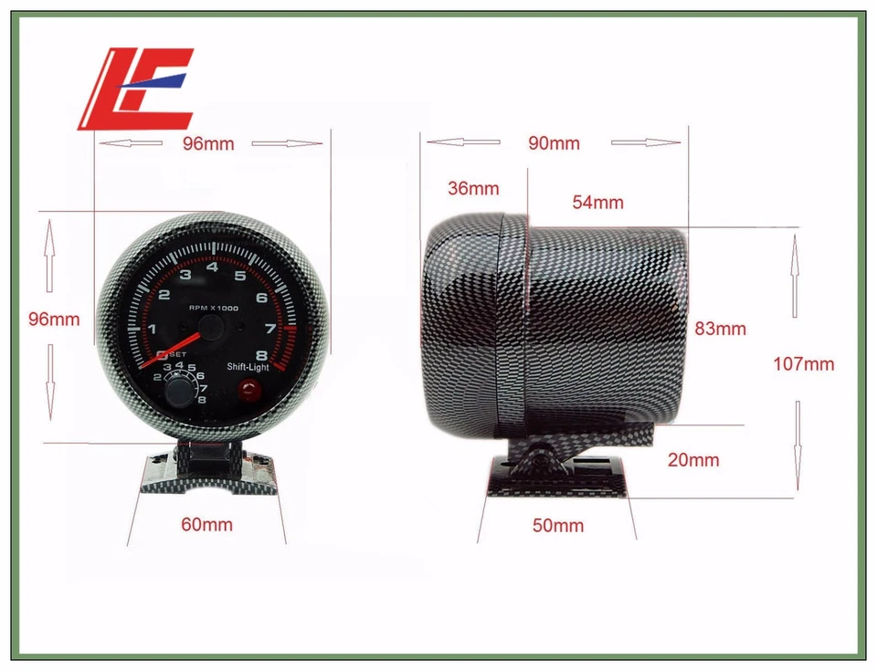 3.75" 95mm Universal Carbon fiber 0-8000 rpm gauge with inter shift light RPM - Image 3 of 4